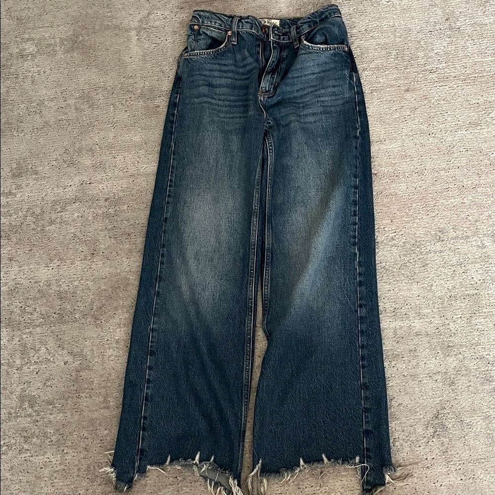 We The Free Dark Blue Frayed Wide-Leg Jeans